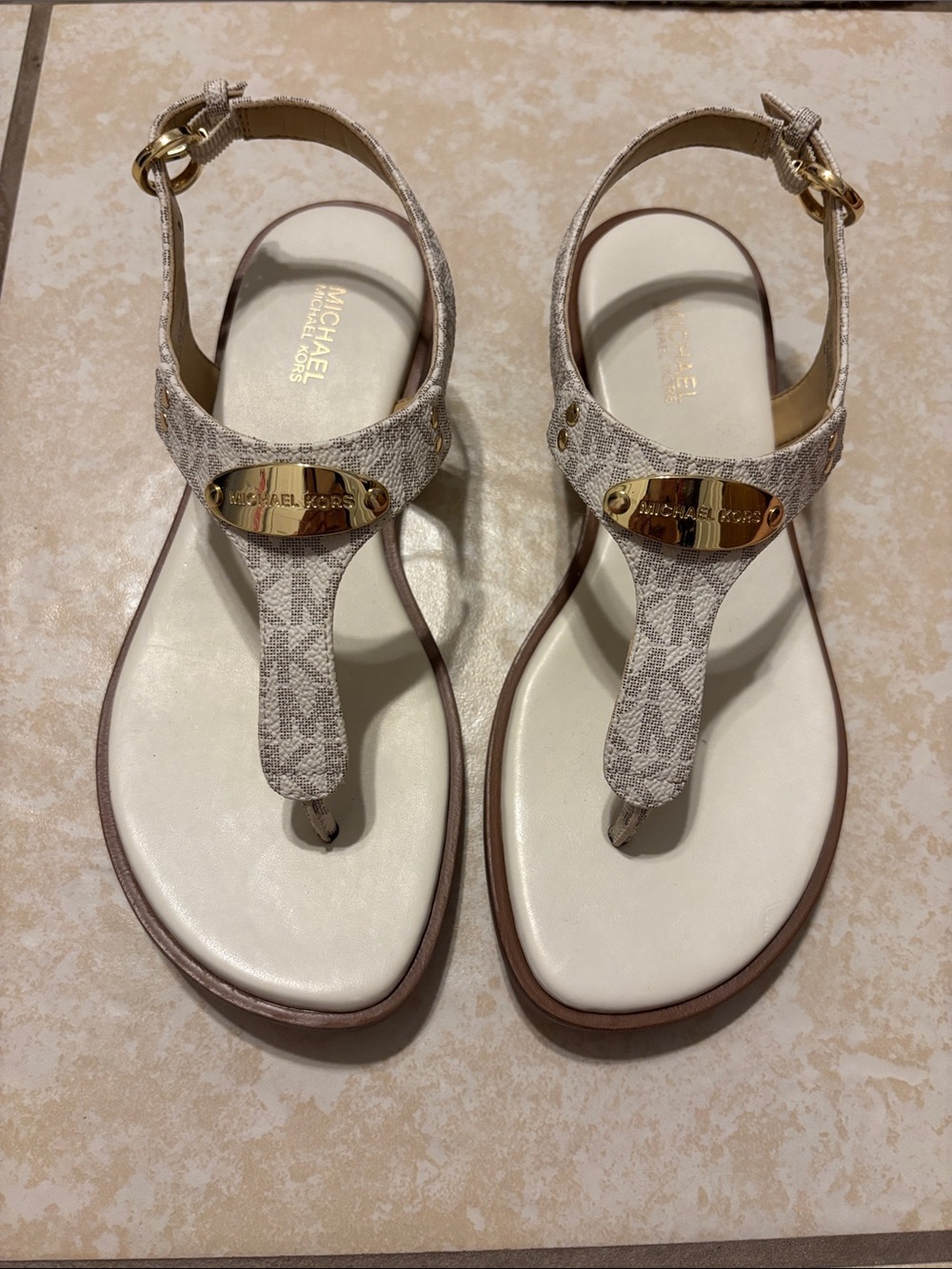 Michael Kors Beige Logo Thong Sandals with Gold Accent